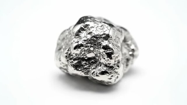 Close-up of a shiny, irregularly shaped platinum nugget, isolated on a white background.