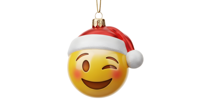 Christmas Emoji Ornament Winking with Santa Hat.