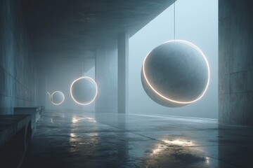 Surreal Concrete Corridor With Glowing Orbs And Wet Floor Reflections