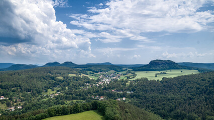 View from the Fortress Königstein toward the Pfaffenstein and the distinctive rock needle...