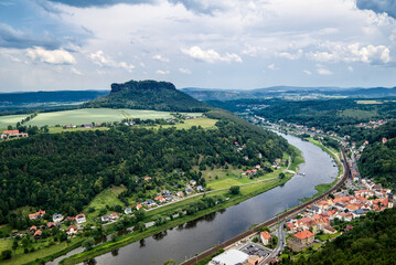 View from the Fortress Königstein overlooking the Elbe River and the Lilienstein, with wide landscape and elevated perspective.