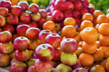 Bright colourful fruits: apples, oranges, grapes ,- on the indian street market
