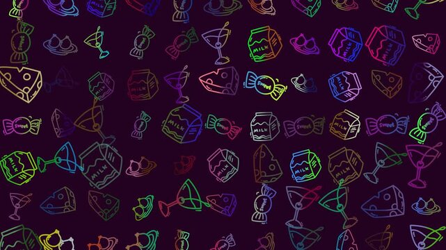 Doodle food illustrations create a patterned colorful background of delightful edibles and drinks. Suitable for food blogs, menus, packaging, and stationery. Delightful, colorful, and whimsical.