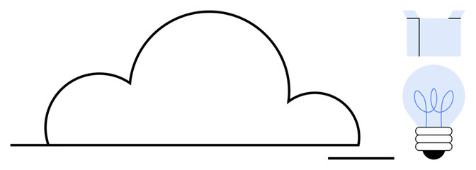 Cloud outline linked to a light bulb with sprouts and open box icon. Ideal for innovation, cloud computing, sustainability, clean energy, storage, creativity, growth visuals. Modern flat metaphor
