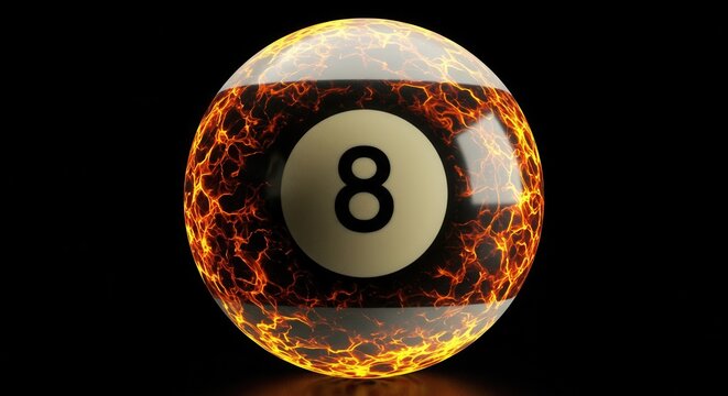 Glowing lava patterned number eight billiard ball rests against a dark background - Powered by Adobe