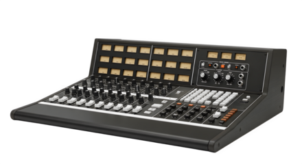 Professional Audio Mixing Console with VU Meters and Faders.