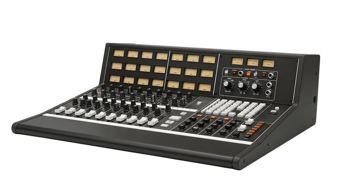 Professional Audio Mixing Console with VU Meters and Faders. - Powered by Adobe