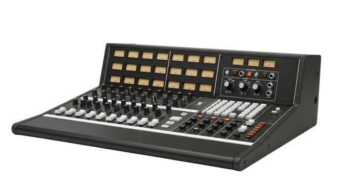 Professional Audio Mixing Console with VU Meters and Faders.
