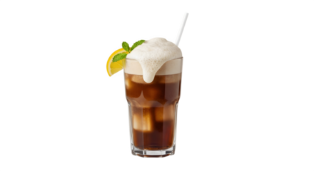 Refreshing iced coffee beverage with whipped cream and garnish.