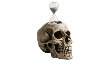 Skull with hourglass representing the passage of time and mortality.