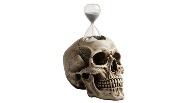 Skull with hourglass representing the passage of time and mortality.