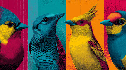Quartet of birds in vibrant colors