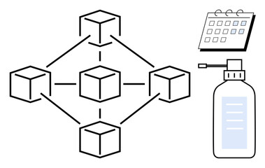 Interconnected blocks symbolizing blockchain network beside a calendar and a labeled bottle. Ideal for technology, logistics, scheduling, supply chain, healthcare, data management, simple flat