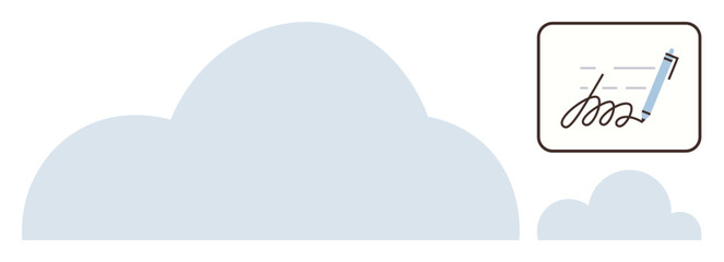 Pen signing digital document with cloud motif. Ideal for technology, business, security, authentication, innovation, online services, data management. Clean simple flat metaphor