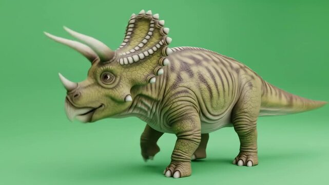 A toy Triceratops dinosaur with horns and a frill stands on a green background, ready to stomp.