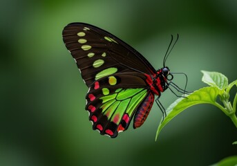 Vibrant Rajah Brooke's Birdwing Butterfly on Lush Green Leaf