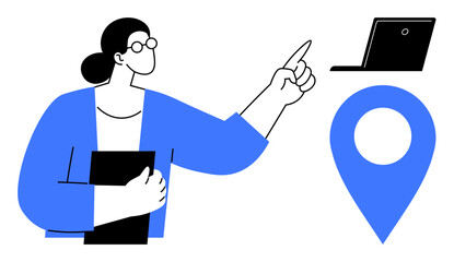 Woman in glasses holding a folder and pointing to a laptop above a location pin. Ideal for business, education, presentation, navigation, technology, workplace, teamwork. Simple flat metaphor