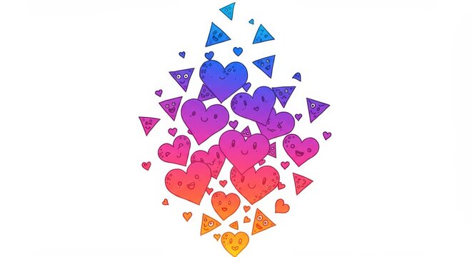 Cheerful cartoon hearts and triangles cascade in a vibrant color gradient against a white background