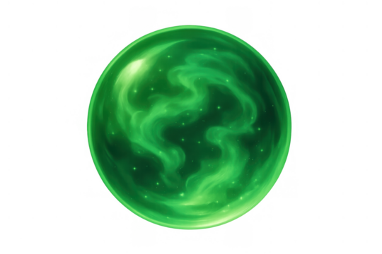 Green magic ball with glowing smoke inside, mystic energy sphere with transparent background