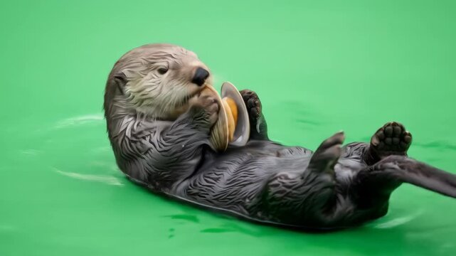 A sea otter floats on its back, holding and consuming a clam shell in a bright green pool.