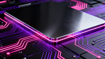 Sleek metallic surface with glowing pink and purple neon circuits, showcasing a futuristic high-tech digital design