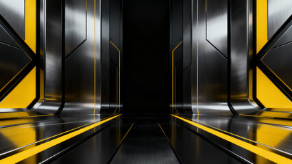 A sleek futuristic corridor with reflective black metal surfaces and glowing yellow accents creating a sci-fi atmosphere
