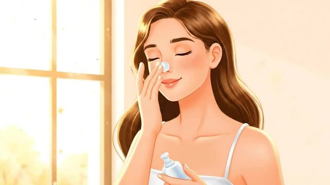 Woman Applying Moisturizer on Face in Morning Sunlight Illustration in Creamy Tone Background and Open Window with Bokeh Effect