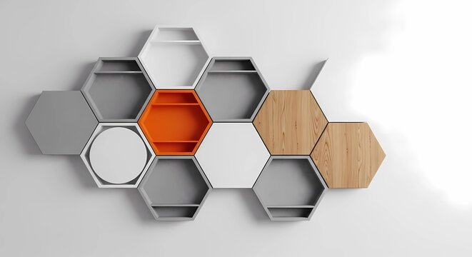 Modern hexagonal honeycomb shelves on a white wall, a contemporary interior design concept illustration