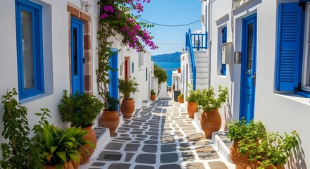 A picturesque illustration of a charming narrow street in a Greek island village with white buildings © ana