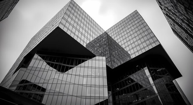 A striking black and white low-angle illustration of a modern geometric glass skyscraper against the sky