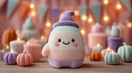 Cute plush monster with candles and pumpkins, perfect for a cozy fall celebration