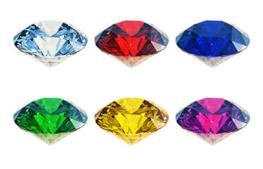 斜めから見たラウンドブリリアントカットの色違いの宝石のCGイラスト。カラフルで鮮かな6色の推しカラーのダイヤンド