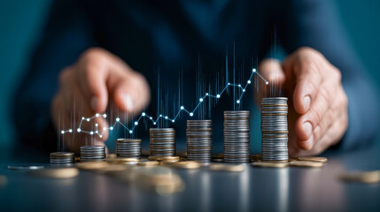 Stacks of coins are arranged ascending order, with digital graph overlay symbolizing financial growth and investment. person hands frame coins, suggesting strategic planning and economic success