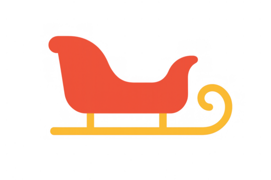 Cartoon red sleigh with yellow runners, representing winter holidays and santa claus delivering gifts, isolated on transparent background