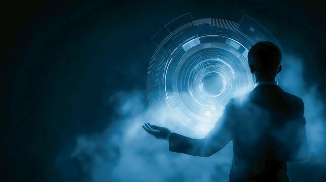 Businessman silhouette stands with one hand open, interacting with holographic interface. scene is enveloped in futuristic blue glow, suggesting advanced technology and innovation