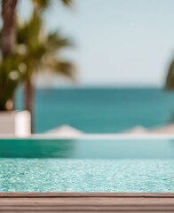 Fototapeta premium Luxury resort infinity pool with wooden terrace and blurred ocean background. Tourism and travel concept for high-end hotel vacation, summer holiday, and tropical spa retreat.