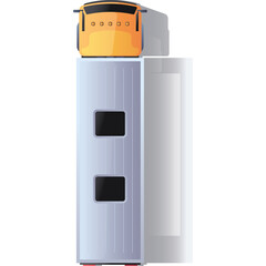 Stylized vector graphic of a yellow and grey train from a top down perspective with a transparent background showcasing minimal detail and clean lines