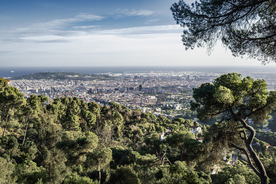 Panoramic barcelona cityscape from collserola massif.