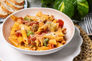 A bowl of Penne Bolognese, meat sauce pasta with slices of crusty bread on the side