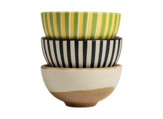 Colorful Striped and Textured Ceramic Bowls Stacked isolated on transparent background