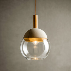 Modern pendant light fixture with a glass globe, concrete top, and wooden accents hanging against a plain wall to give an elegant look.