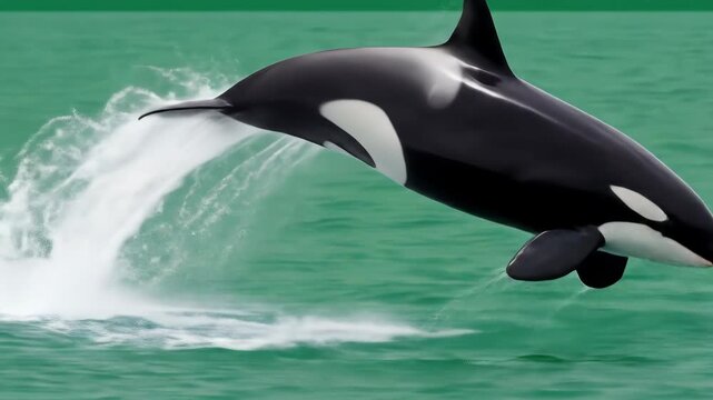 A majestic orca leaps from the water, showcasing its powerful form and agility.