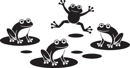 Four black silhouette frogs on lily pads one jumping in the air leaping pond
