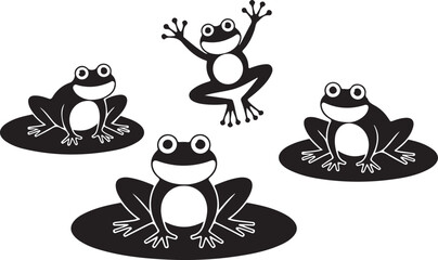 Four black silhouette frogs on lily pads one jumping with joy white