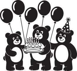 Three black bears celebrating with a birthday cake and balloons vector