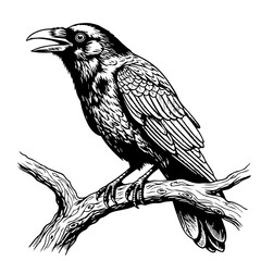 A detailed black and white illustration of a raven perched on a branch, its beak open as if in mid-call