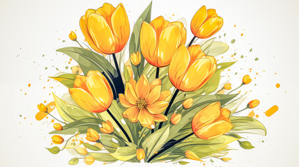 Vibrant Yellow Tulip Bouquet with Artistic Accents on White Back
