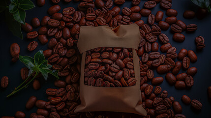 Brown Coffee Beans with Kraft Paper Bag and Green Leaves on Dark
