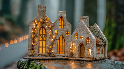 Quaint Miniature House with Warm Fairy Lights in a Forest Settin