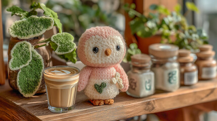 Cozy Coffee Moment with Crocheted Owl Decoration and Indoor Plan